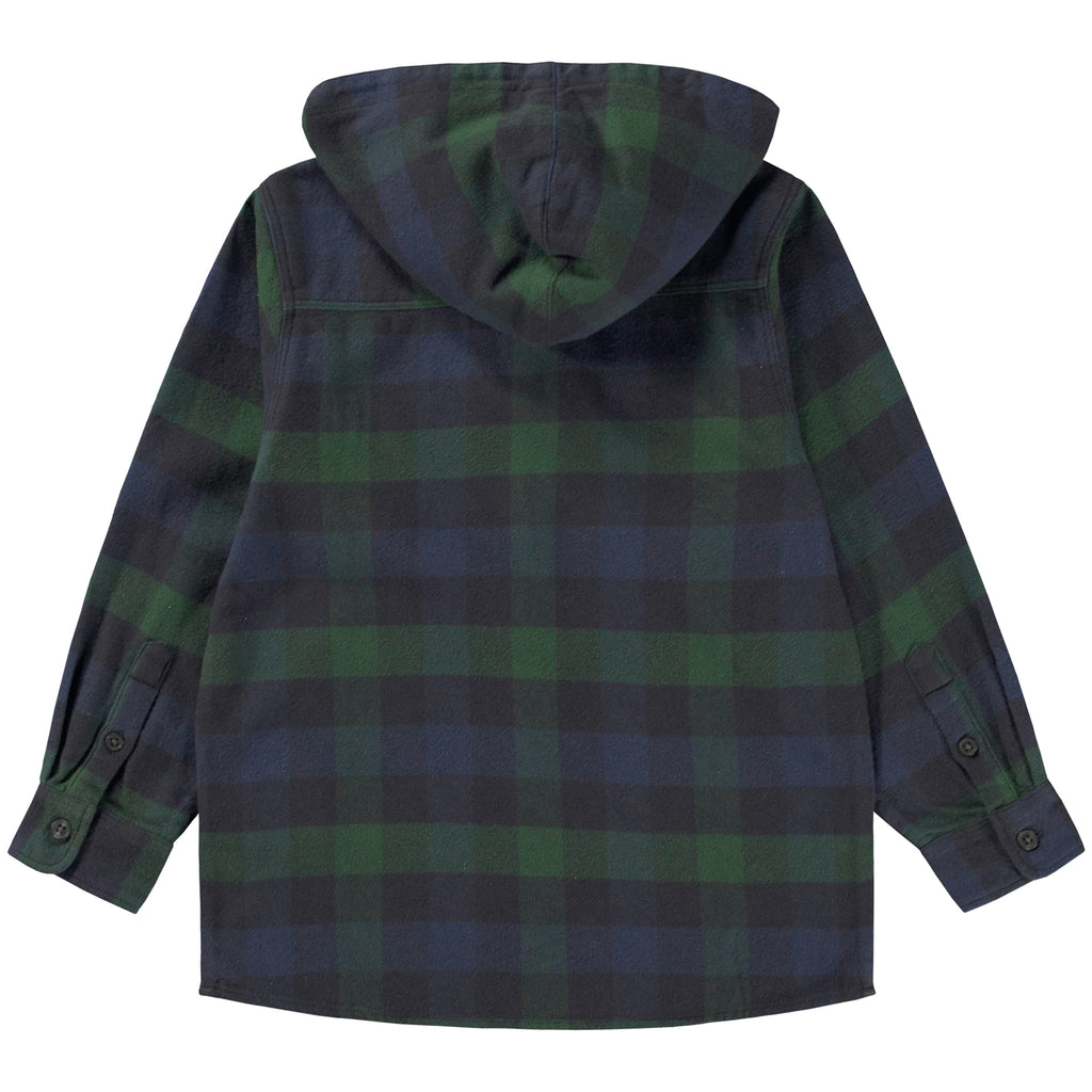 Organic Cotton Button-Up Plaid Hooded Shirt | Oversized to fit over tee shirts | Front Patch Pockets | 2 button close at wrist | Navy & Green check - back of shirt