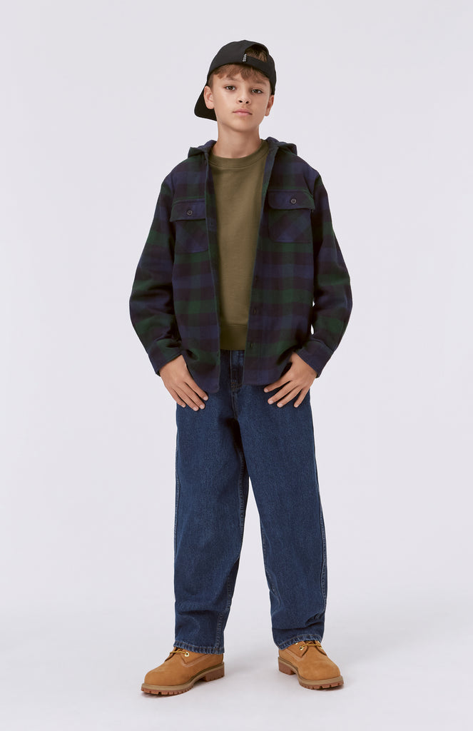 Organic Cotton Button-Up Plaid Hooded Shirt | Oversized to fit over tee shirts | Front Patch Pockets | 2 button close at wrist | Navy & Green check