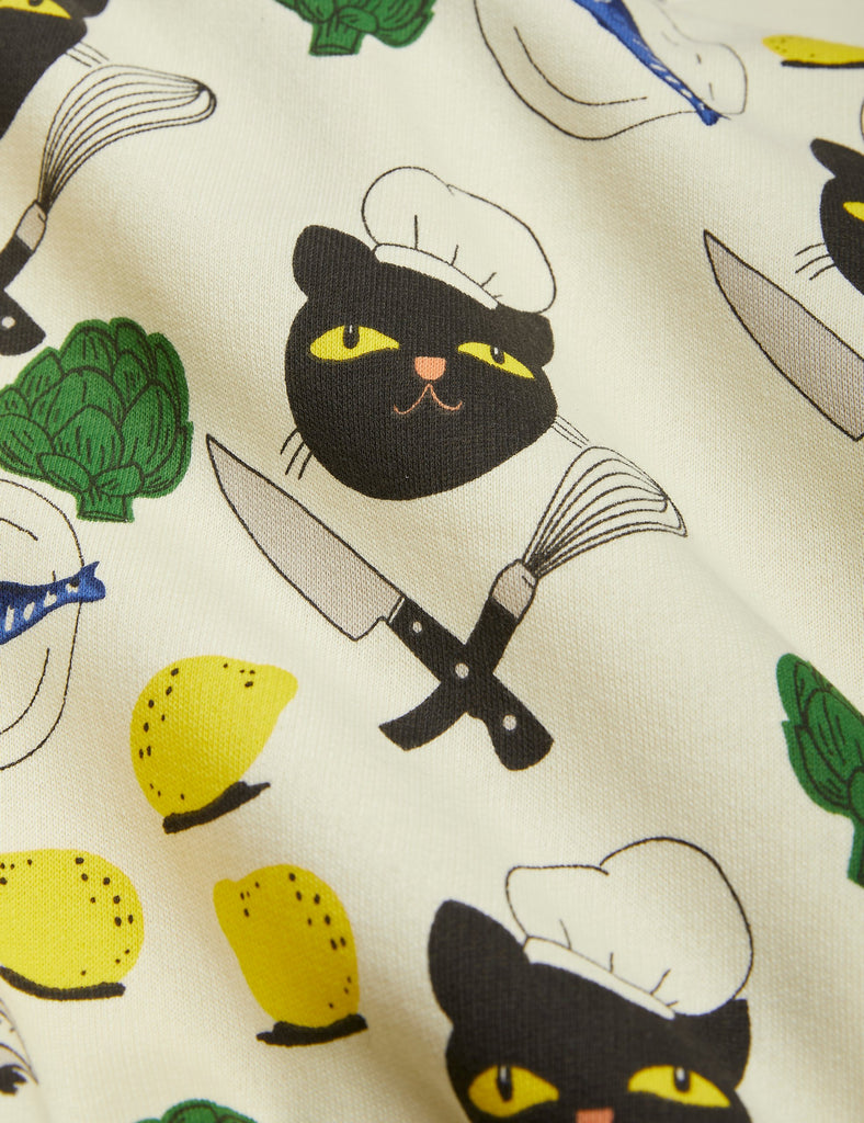 Mini Rodini Chef Cat Print Kids Leggings | 100% Organic Cotton | Soft Elastic Waist | Cuffed at ankle - print closeup