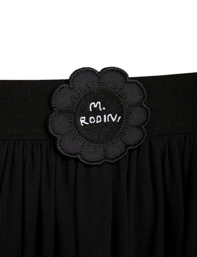 Mini Rodini Bat Flower Black Tulle Skirt | Cotton Underskirt | Calf Length | Elastic Waist - waist view