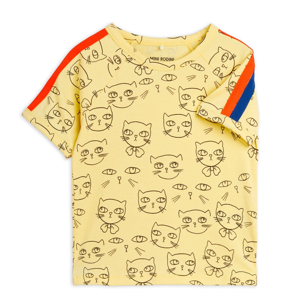 Mini Rodini Cat Print Tee Shirt | Short sleeve | Red/blue Striping on Sleeve | Crew Neck