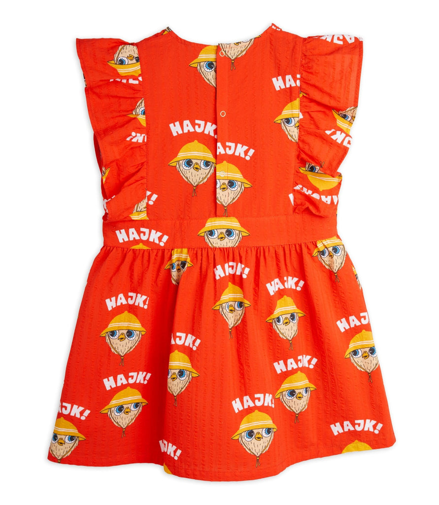 Let's Hajk! ('hike' in Swedish) Print Dress | Organic Cotton Muslin | Ruffled from Shoulder to Waist | Baby Owl with Hat Print | Red | Snap close in back - back view