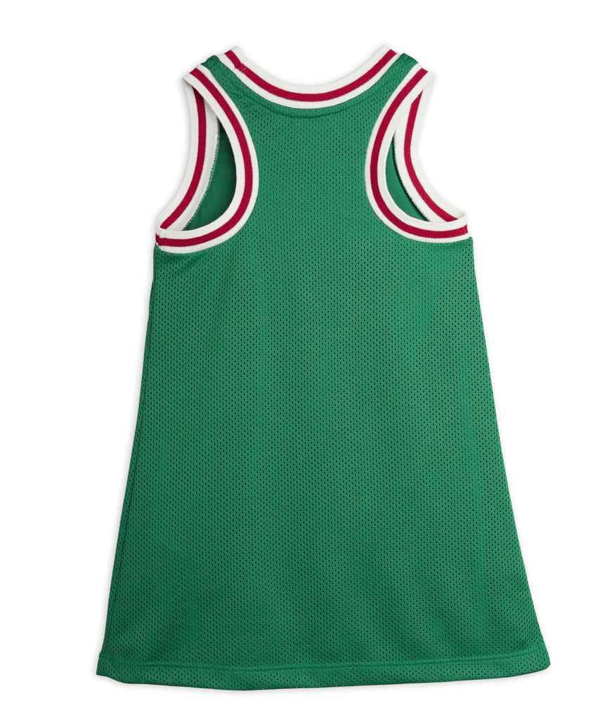 Mini Rodini Basketball Dress | mid calf length | green | 'Sporty' morif on bottom hem | Slight racerback look - back view