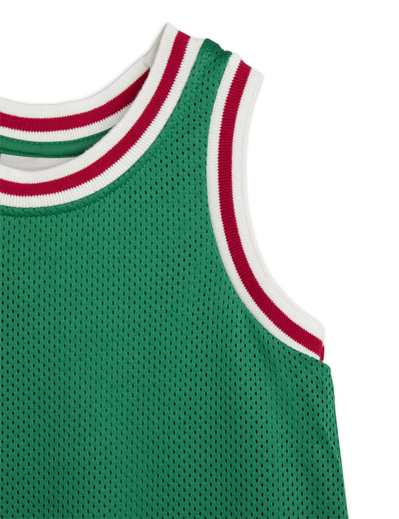 Mini Rodini Basketball Dress | mid calf length | green | 'Sporty' morif on bottom hem | Slight racerback look