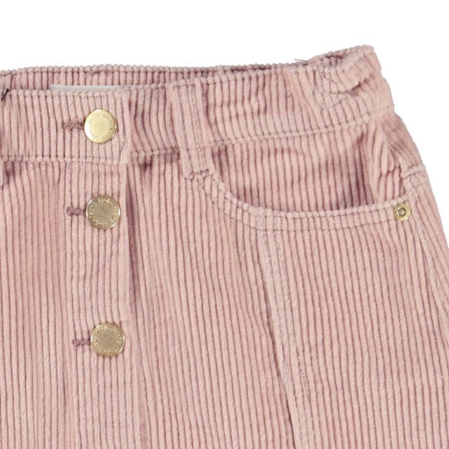 All cotton Blush Pink corduroy skirt | Sizes under 8 are snap close, Button close on larger sizes | Side pockets | Adjustable waist inside | Belt loops | Above knee length  - closeup