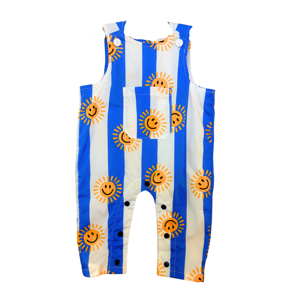 Lightweight Striped Infant Jumper with Happy Sun Print | Blue/White/Yellow | Patch Pocket on Front | Button close at shoulders | Snaps at legs for easy changing