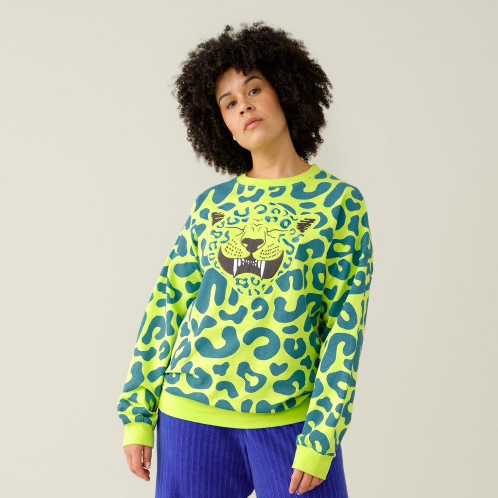 Mainio Adult Acid Lime Animal Print Sweatshirt with Leo Applique on Front  | Long Sleeve | Ribbing at wrist and waist