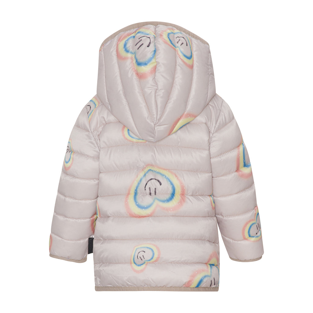 Molo Infant/Toddler Winter Jacket in Light Pink with Heart Print | Sizes 12m - 4y | Removable Hood | Standup Collar - jacket back