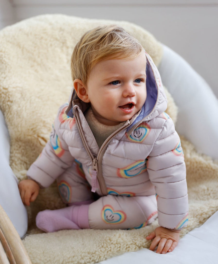 Molo Infant/Toddler Winter Jacket in Light Pink with Heart Print | Sizes 12m - 4y | Removable Hood | Standup Collar