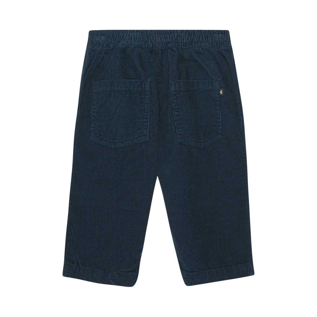 Molo Navy Sky Organic Cotton Corduroy Pant | Infant-Toddler | Elastic waist  | Open at ankle - back of pant