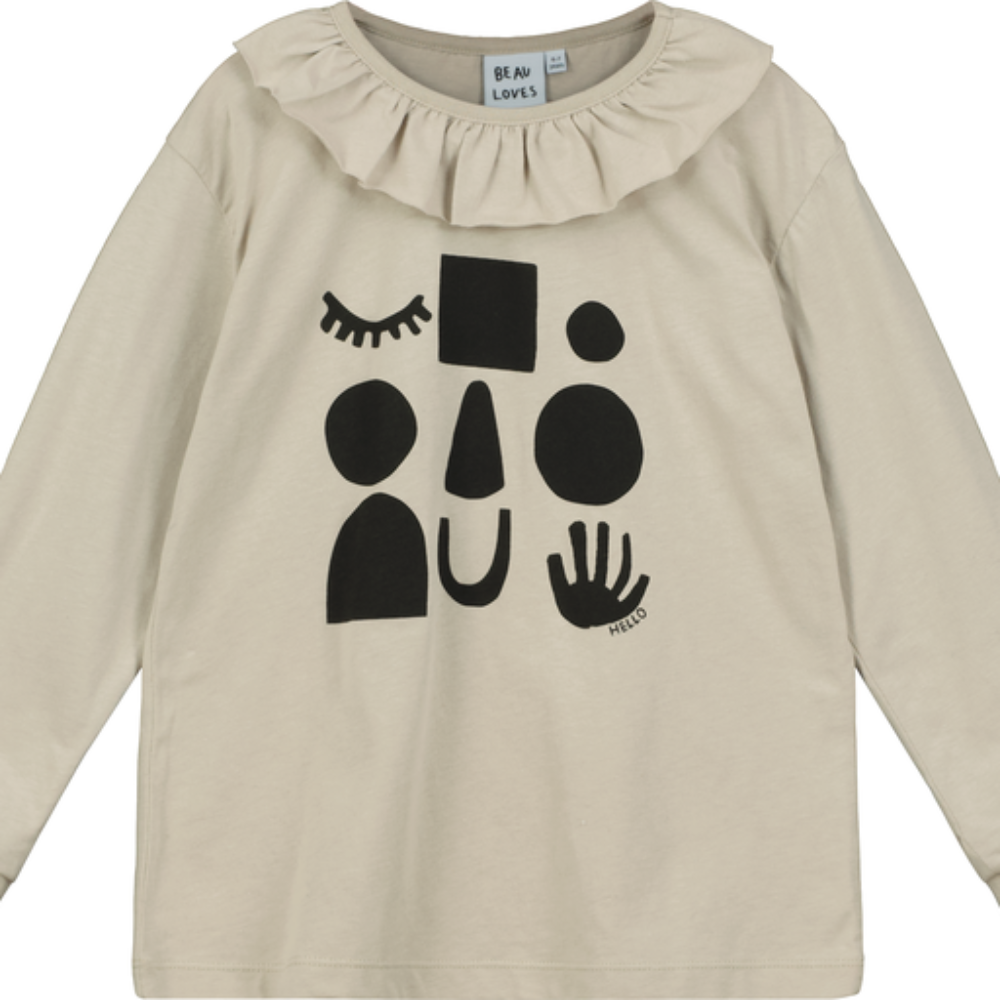 Mushroom Face Organic Cotton Long Sleeve Tee | Frill Collar | 'Adventure Time' written on back - front view