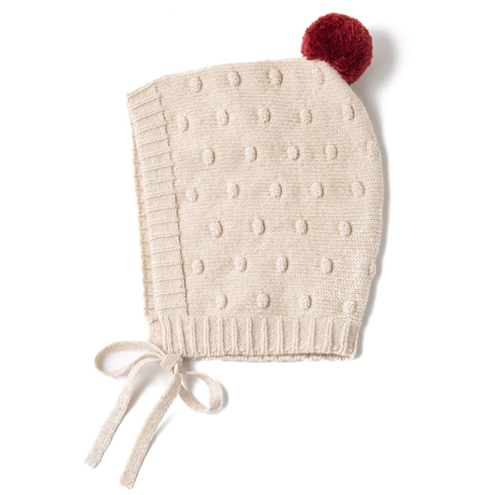 Merino Wool Knit Hat with Chin Strap | One Size - fits ages 5-10 years | Cream Hat with Red Pom