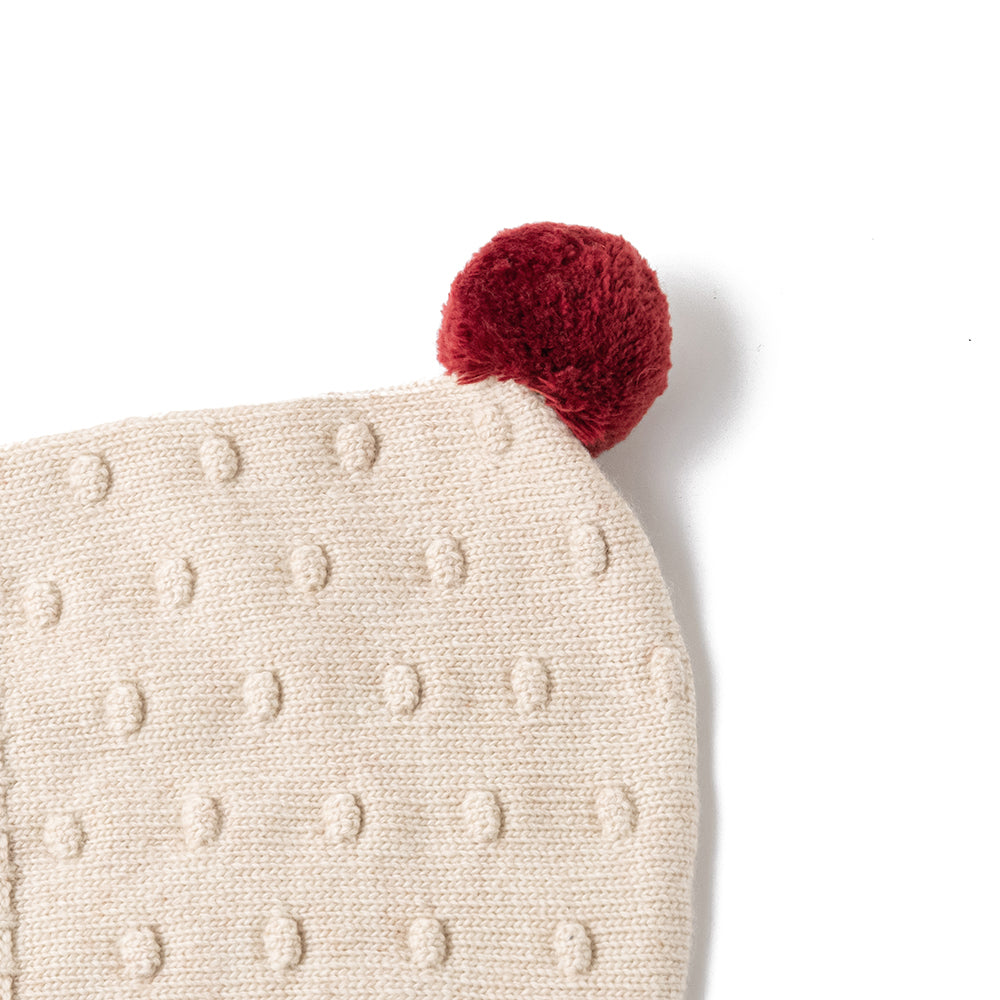 Merino Wool Knit Hat with Chin Strap | One Size - fits ages 5-10 years | Cream Hat with Red Pom - closeup