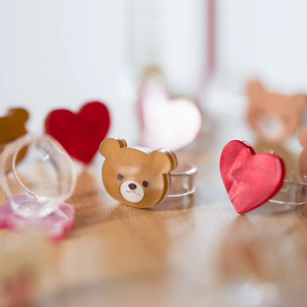 Acrylic Hearts & Bears Kids Rings | One Size | Pinks, Gold, Pearl and Brown
