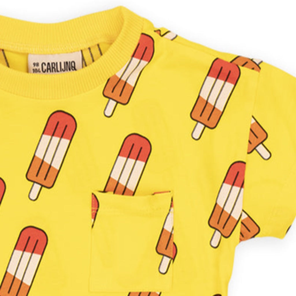 CarlijnQ Organic Cotton SS Yellow Tee | Popsicle Print  | Crew Neck | Patch Pocket on front  - CLOSEUP