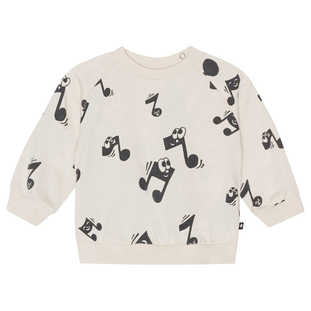 Infant/Toddler Musical Notes Sweatshirt | Organic Cotton | Sizes 6m-4y | Off-white | ribbed wrist & waist- front 