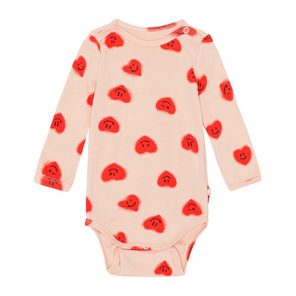Organic Cotton Infant Onesie | Happy Face Red Heart Print | Long Sleeve | Newborn to 18 months