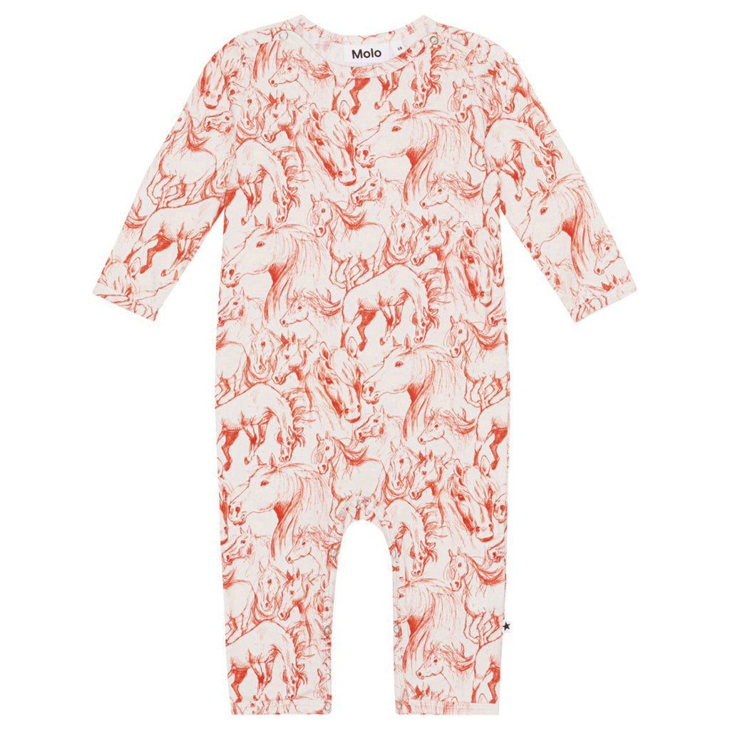 Organic Cotton Infant Romper | Horse Print in Red | Snap Open at Shoulder | Newborn to 24m sizes - front