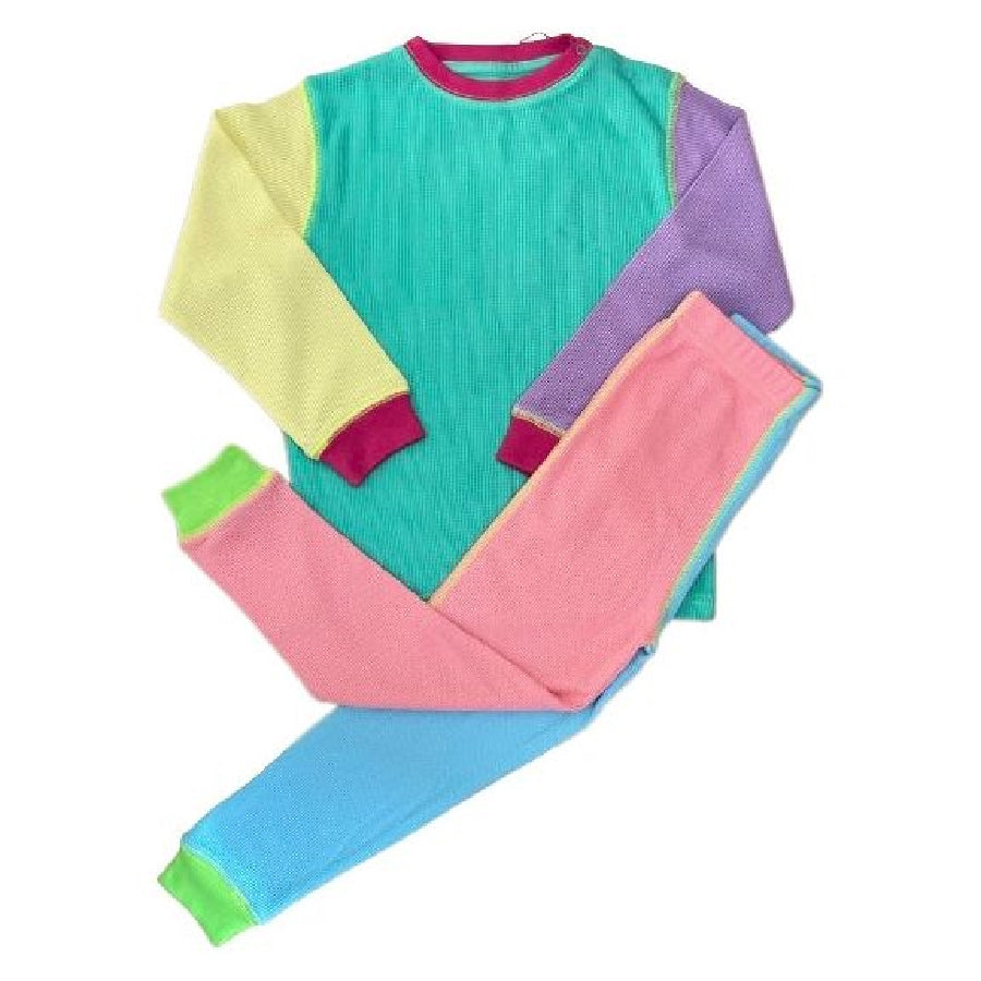 100% Organic Cotton Neon Color Block Kids Waffle Top & Bottom | Ribbed at wrists/ankles | Yellow/Purple/Turquoise/Peach/Line/Red | So Fun! 