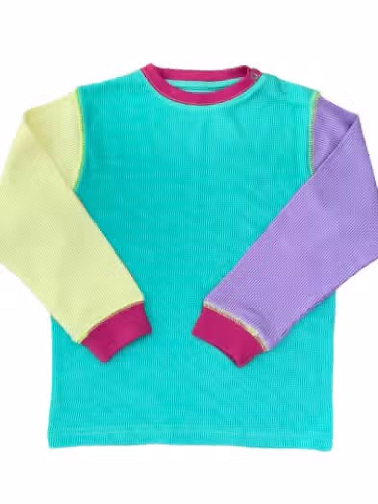 100% Organic Cotton Neon Color Block Kids Waffle Top & Bottom | Ribbed at wrists/ankles | Yellow/Purple/Turquoise/Peach/Line/Red | So Fun!  - top