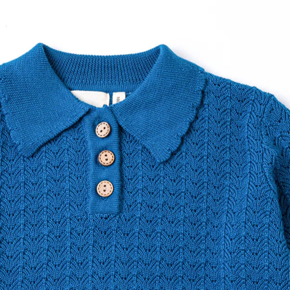 100% Merino Wool Blue Sweater | 3 button close | Collared | Ribbed at Wrist & Waist - closeup