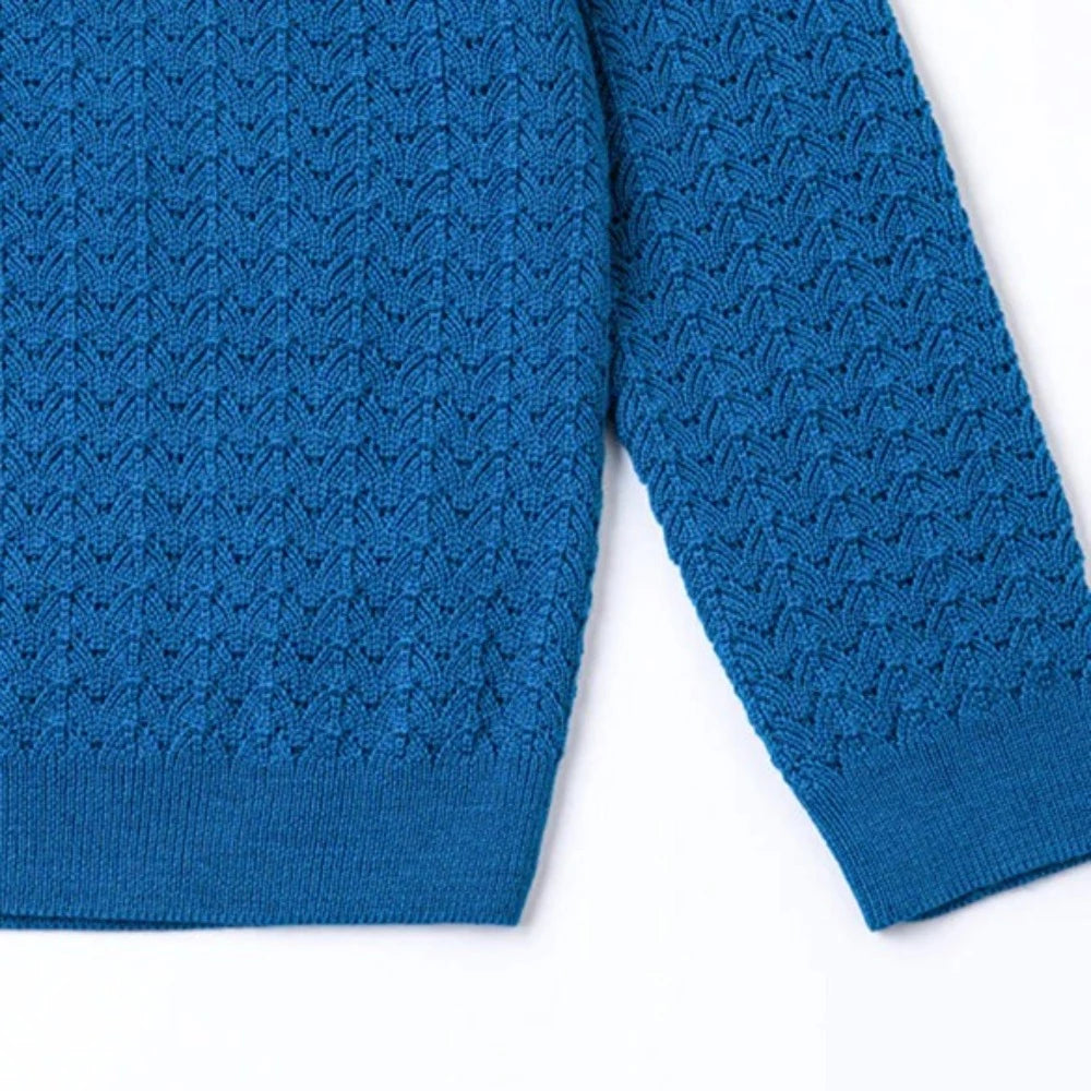 100% Merino Wool Blue Sweater | 3 button close | Collared | Ribbed at Wrist & Waist