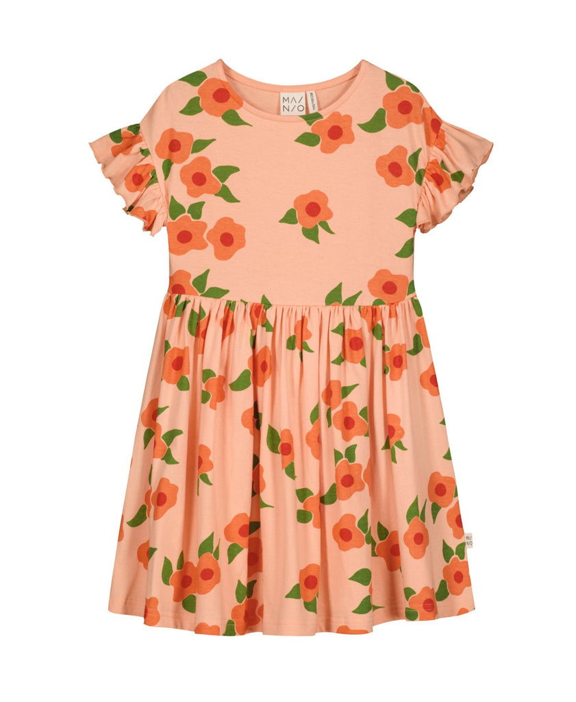 Mainio Organic Cotton Tricot Peach Kids  Dress with Rose Print/ Full Skirt / Gathered at Waist / Short Sleeve w/Ruffle