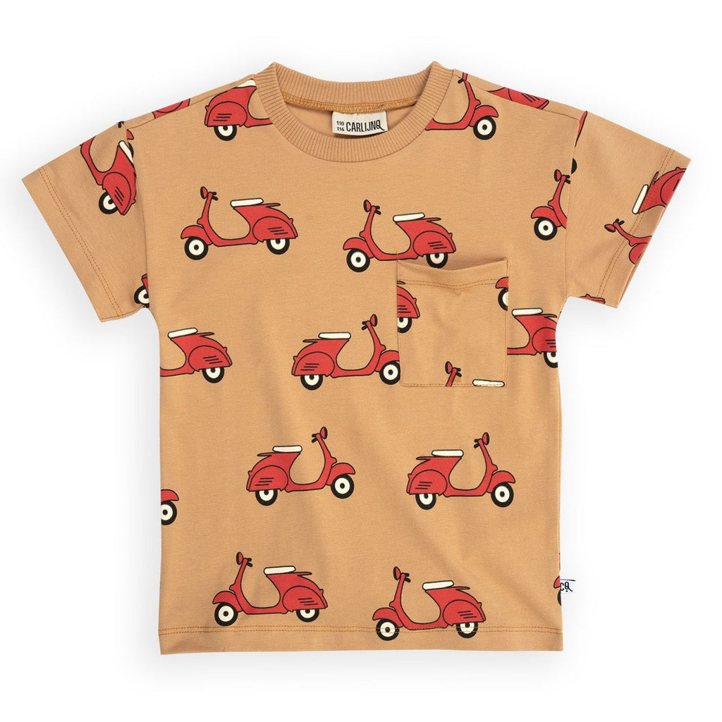 CarlijnQ Scooter Short Sleeve Kids Tee | Brown with Red Scooters