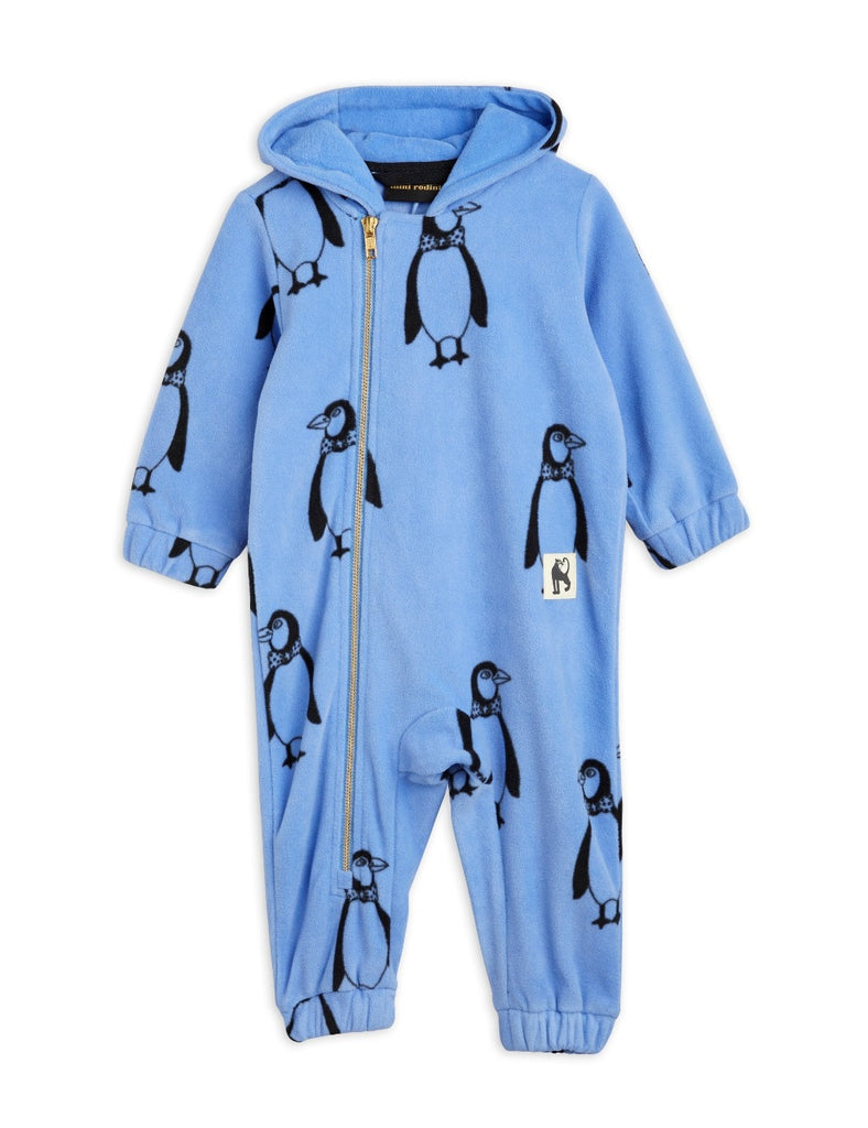 Mini Rodini Penguin Fleece Coverall | Hooded | elastic wrist & ankle | Zipper front