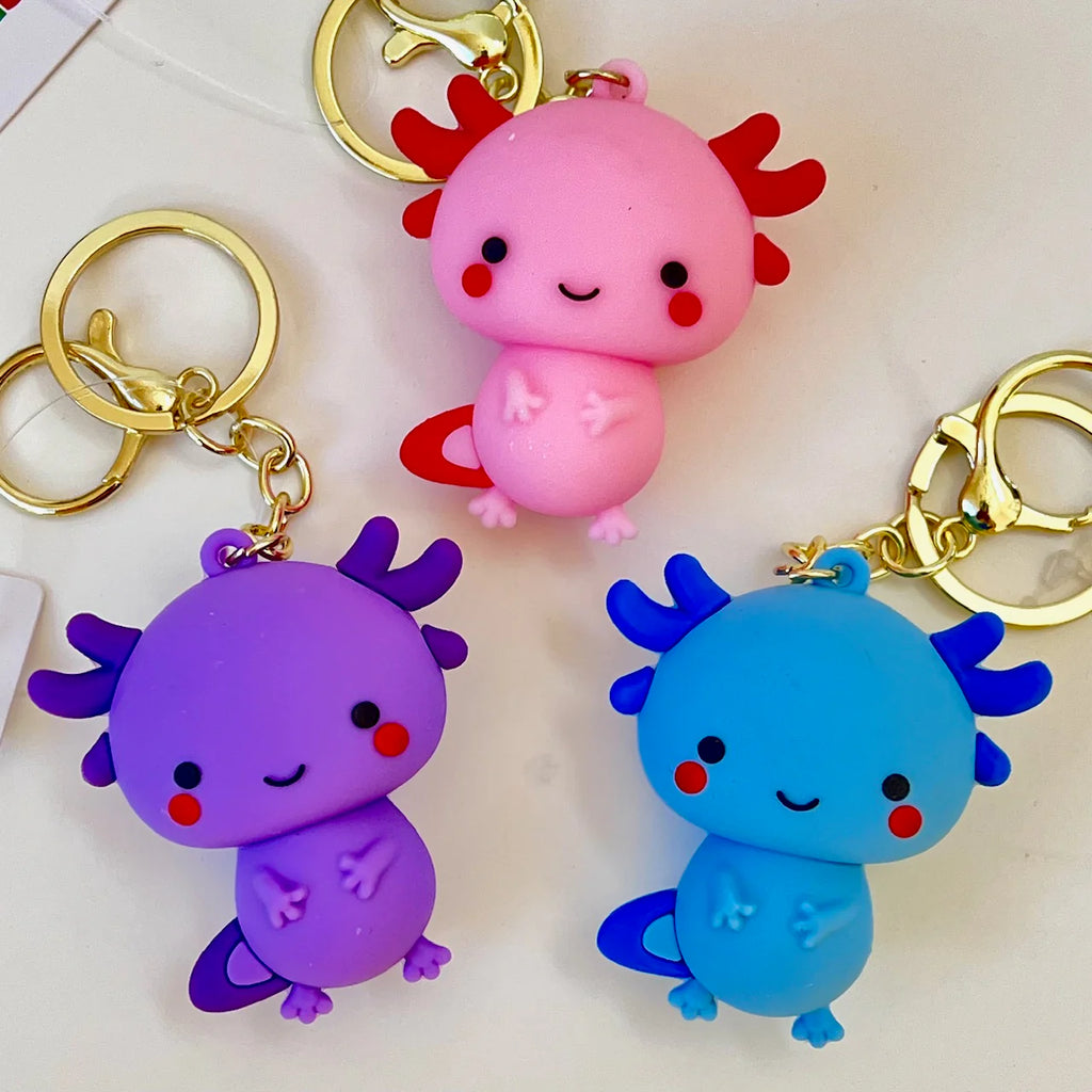 Three colorful axolotl bag charms/keychains  | three colors: blue, purple, pink | sold separately 