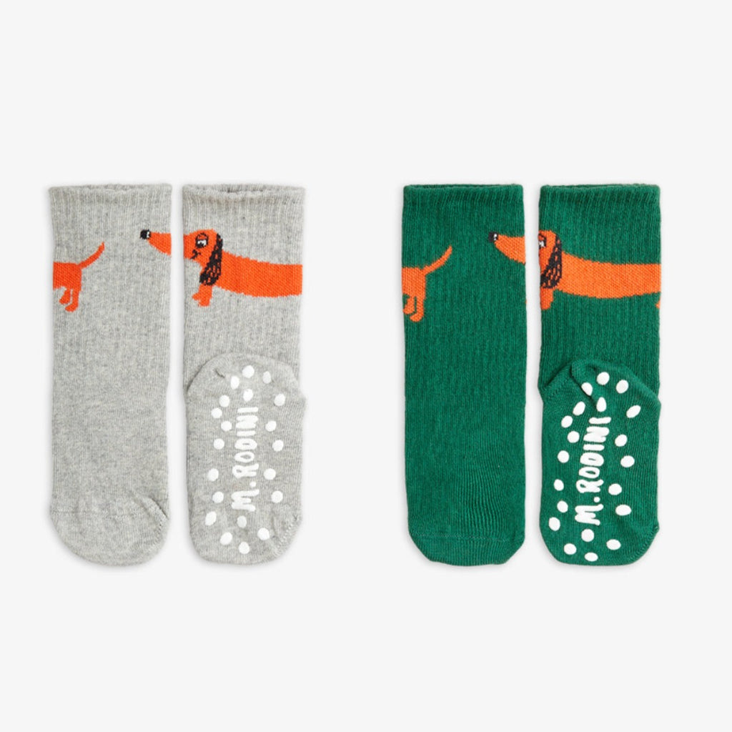 2 pack Dog Kids Socks | Green and Grey | No-Slip Bottoms | 