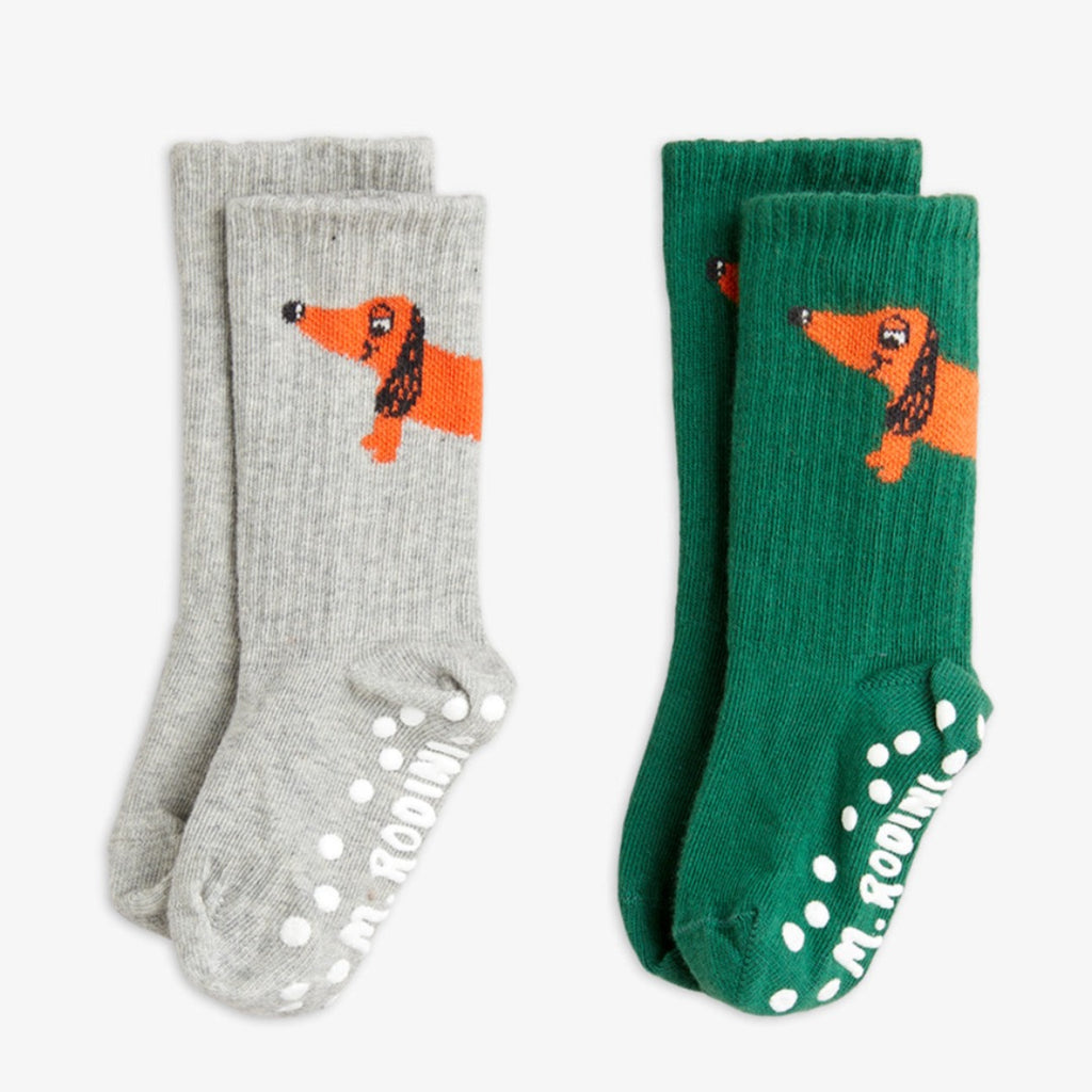 2 pack Dog Kids Socks | Green and Grey | No-Slip Bottoms | 