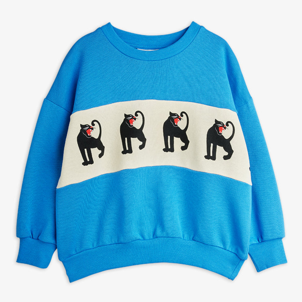 Aqua blue cotton sweatshirt with white panel and Mini Rodini iconic panther print. Relaxed fit for kids to 11 years