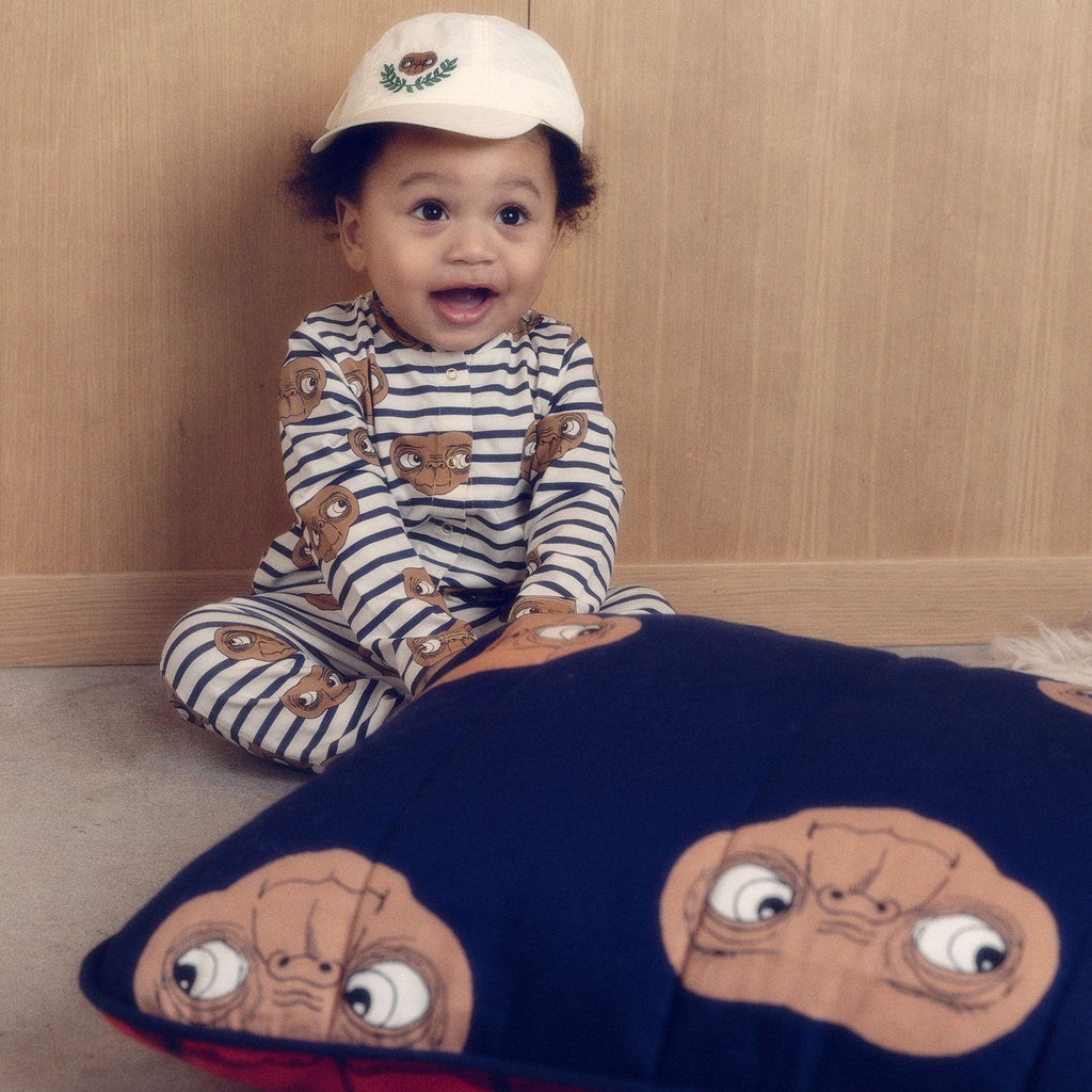 Mini Rodini Striped E. Infant Playsuit | Snap Front | Soft quality cotton | Fun E.T. Print | Front of suit | modeled