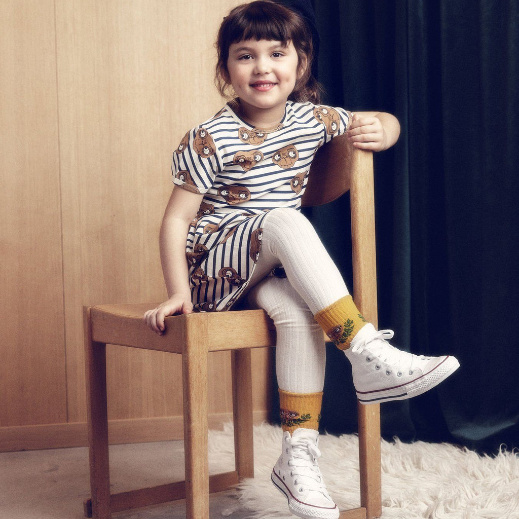 Organic cotton striped dress with E.T. print | 100% cotton | gathered at waist, full skirt | short sleeves | slight scoop neck | knee length | modeled