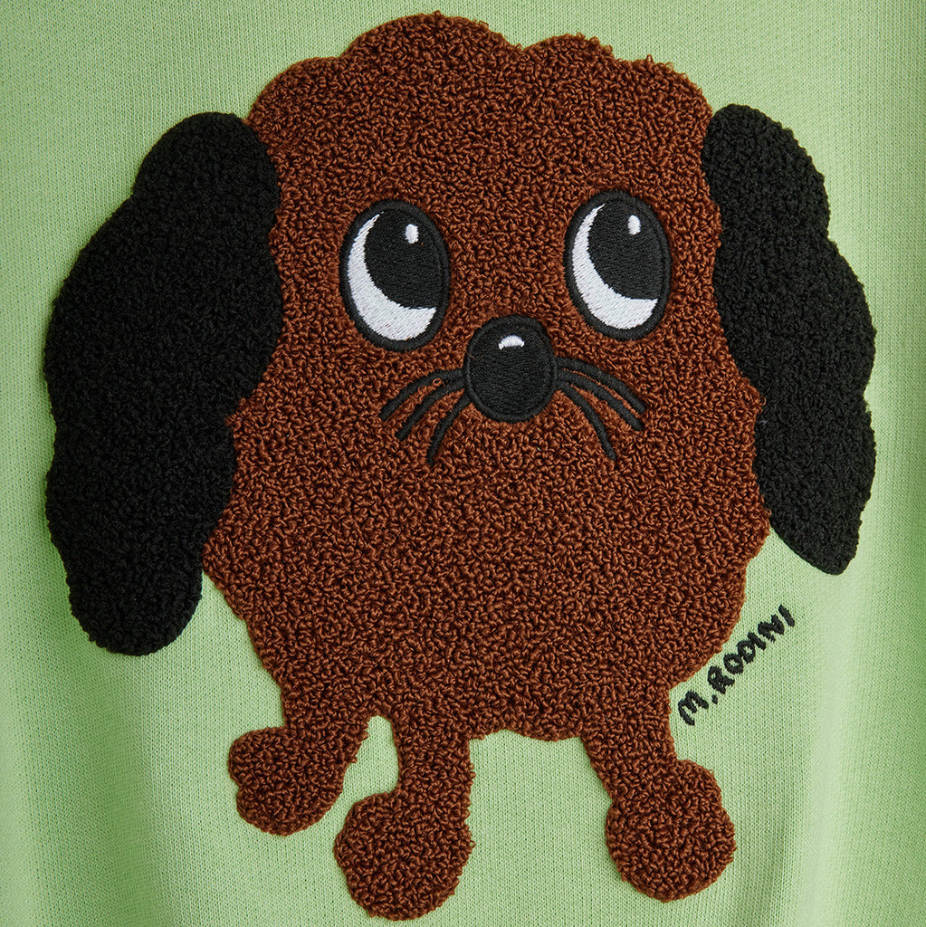 organic cotton Doggie kids sweatshirt | Chenille doggie on front | drop shoulders | roomy casual fit | By Mini Rodini | design closeup