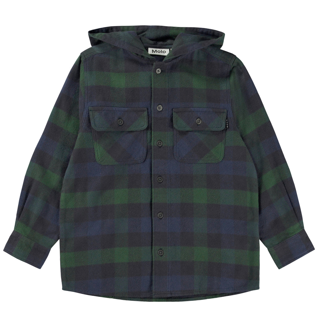 Organic Cotton Button-Up Plaid Hooded Shirt | Oversized to fit over tee shirts | Front Patch Pockets | 2 button close at wrist | Navy & Green check - front of shirt