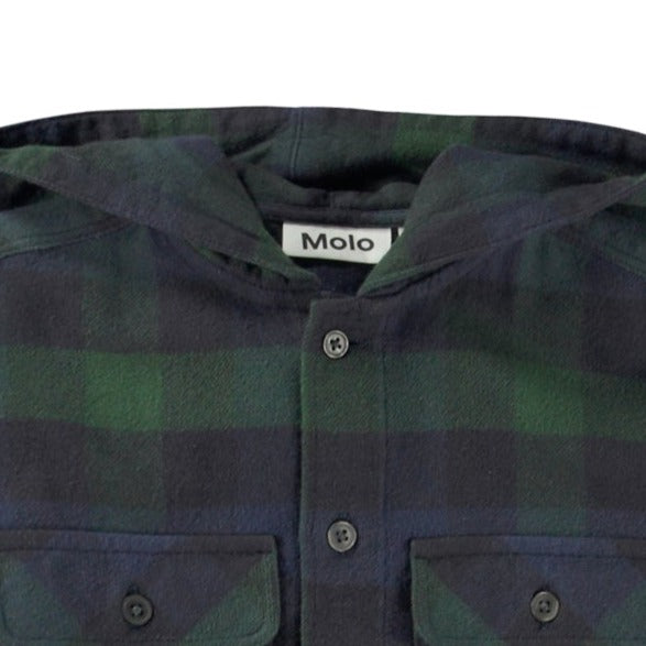 Organic Cotton Button-Up Plaid Hooded Shirt | Oversized to fit over tee shirts | Front Patch Pockets | 2 button close at wrist | Navy & Green check - close up