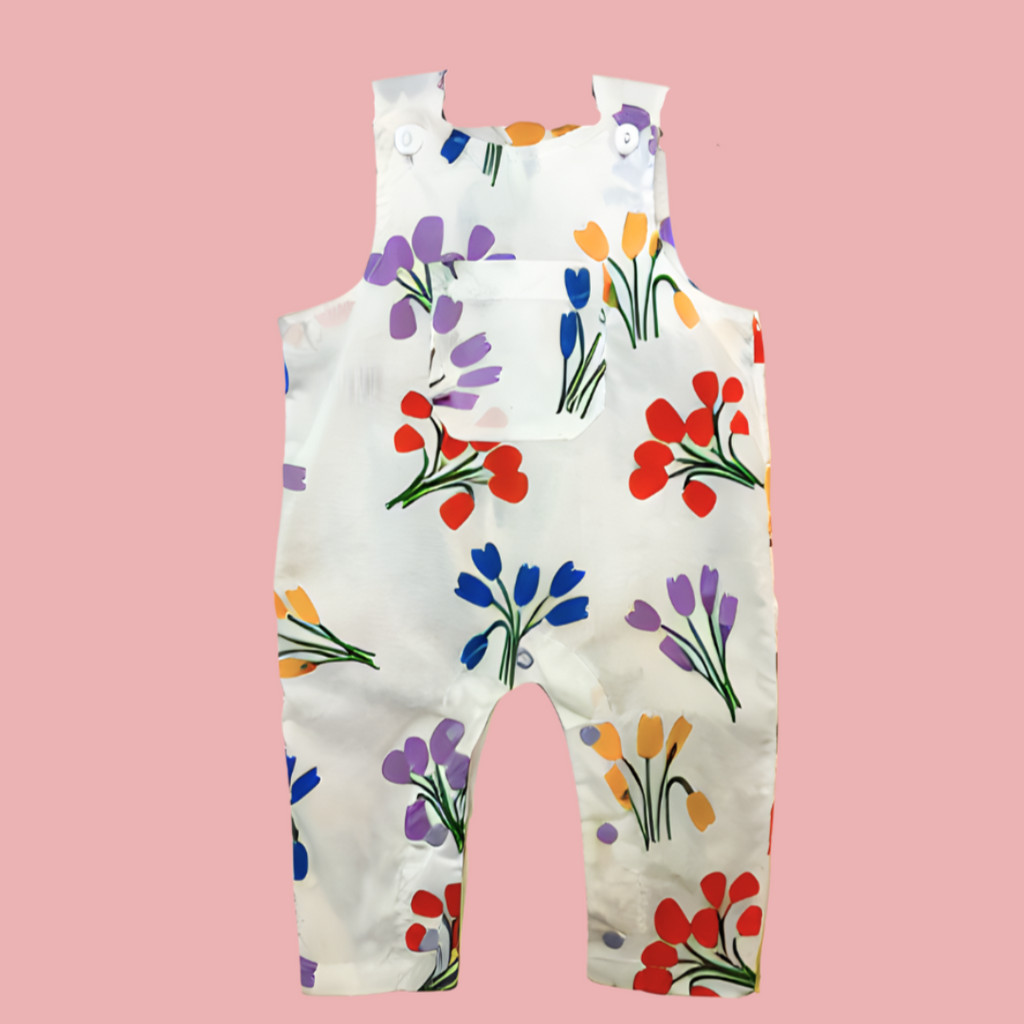 Lightweight Infant Cotton Jumper with Summer Flowers Print | White w/red/yellow/purple/blue floral | Patch Pocket on Front | Button close at shoulders | Snaps at legs for easy changing