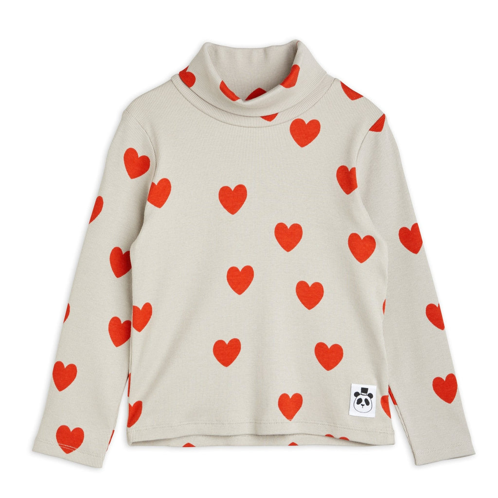 Mini Rodini Grey Turtleneck Shirt covered in Red Hearts | Long Sleeve |Open at wrist and waist | front
