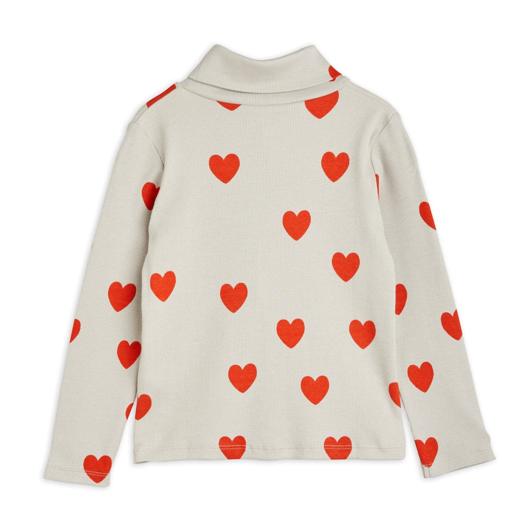 Mini Rodini Grey Turtleneck Shirt covered in Red Hearts | Long Sleeve |Open at wrist and waist | back