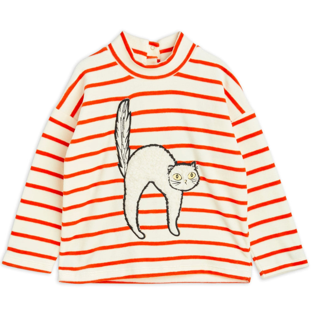 Mini Rodini Angry Cat Velour Sweatshirt | Furry Cat Applique | White with Red STripes | Long Sleeve | High Nect | Dropped Shoulder for comfort | Snap Close in back
