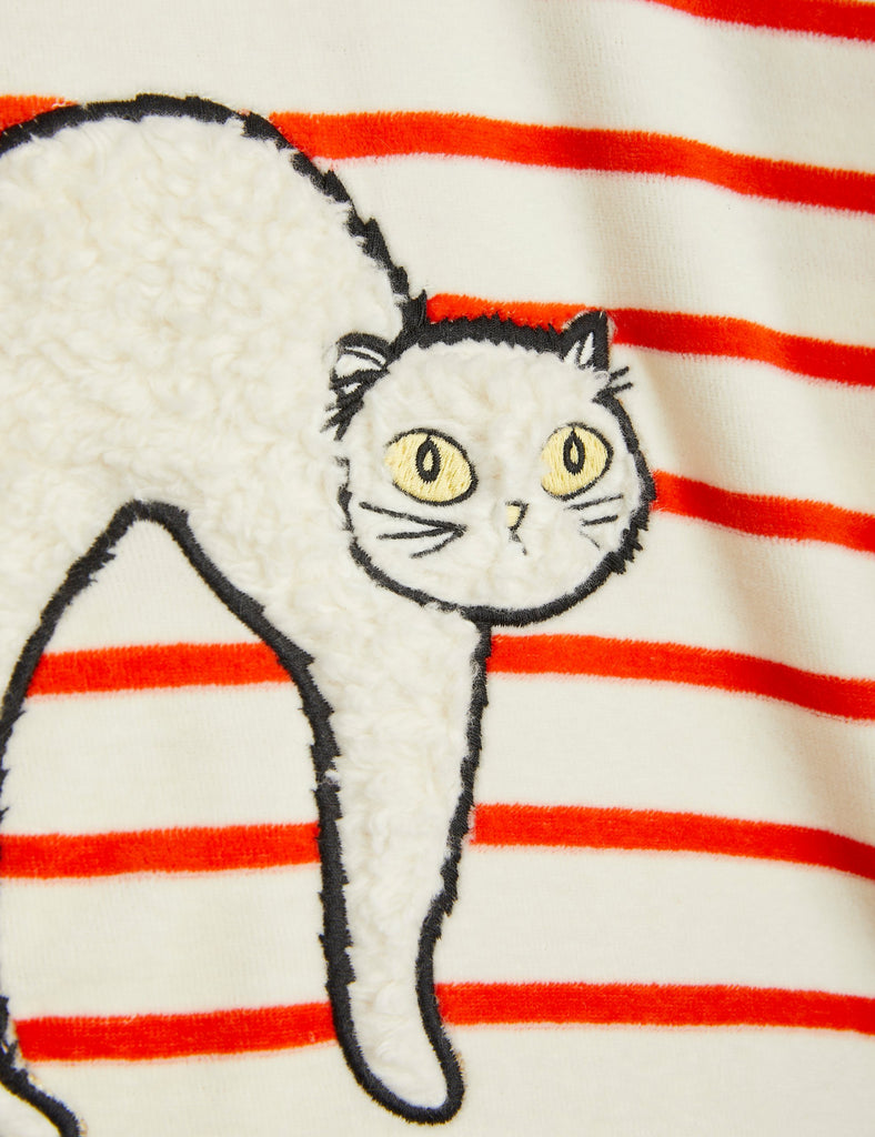 Mini Rodini Angry Cat Velour Sweatshirt | Furry Cat Applique | White with Red STripes | Long Sleeve | High Nect | Dropped Shoulder for comfort | Snap Close in back - cat close up