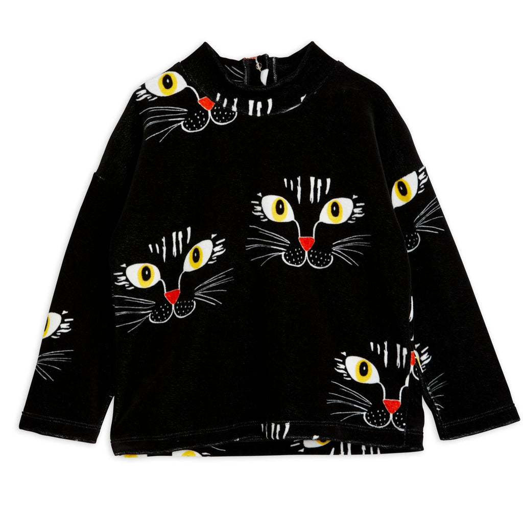 Mini Rodini Cat Face Black Cotton Velour Long Sleeve Top | Standup Collar |  Button close in back | 