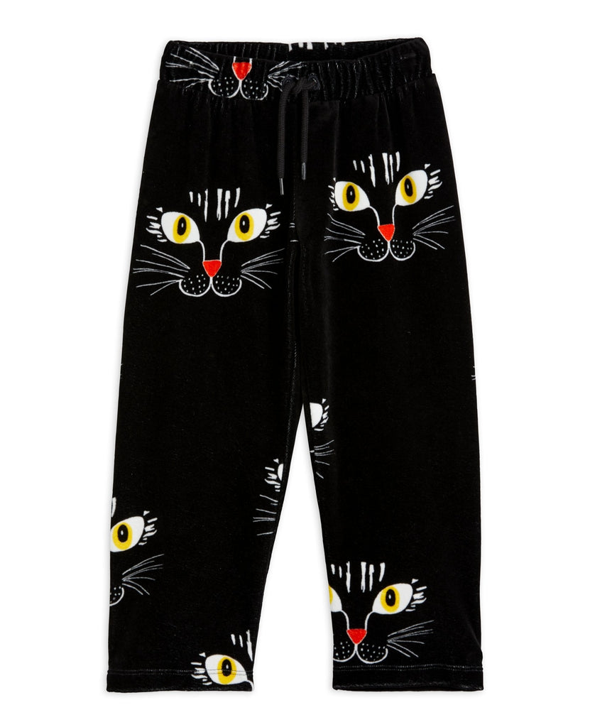 Mini Rodini Cat Face Velour Pant in Black \ Elastic waist w/drawstring | Open at ankle - front view