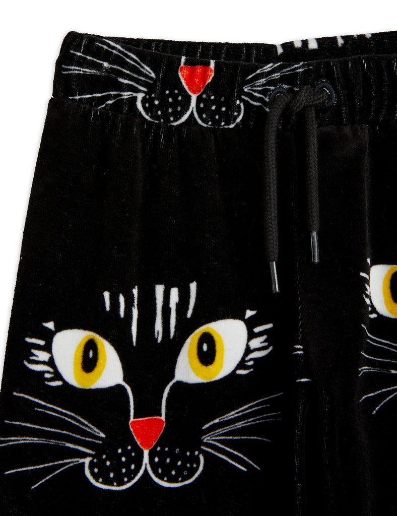 Mini Rodini Cat Face Velour Pant in Black \ Elastic waist w/drawstring | Open at ankle - closeup waist