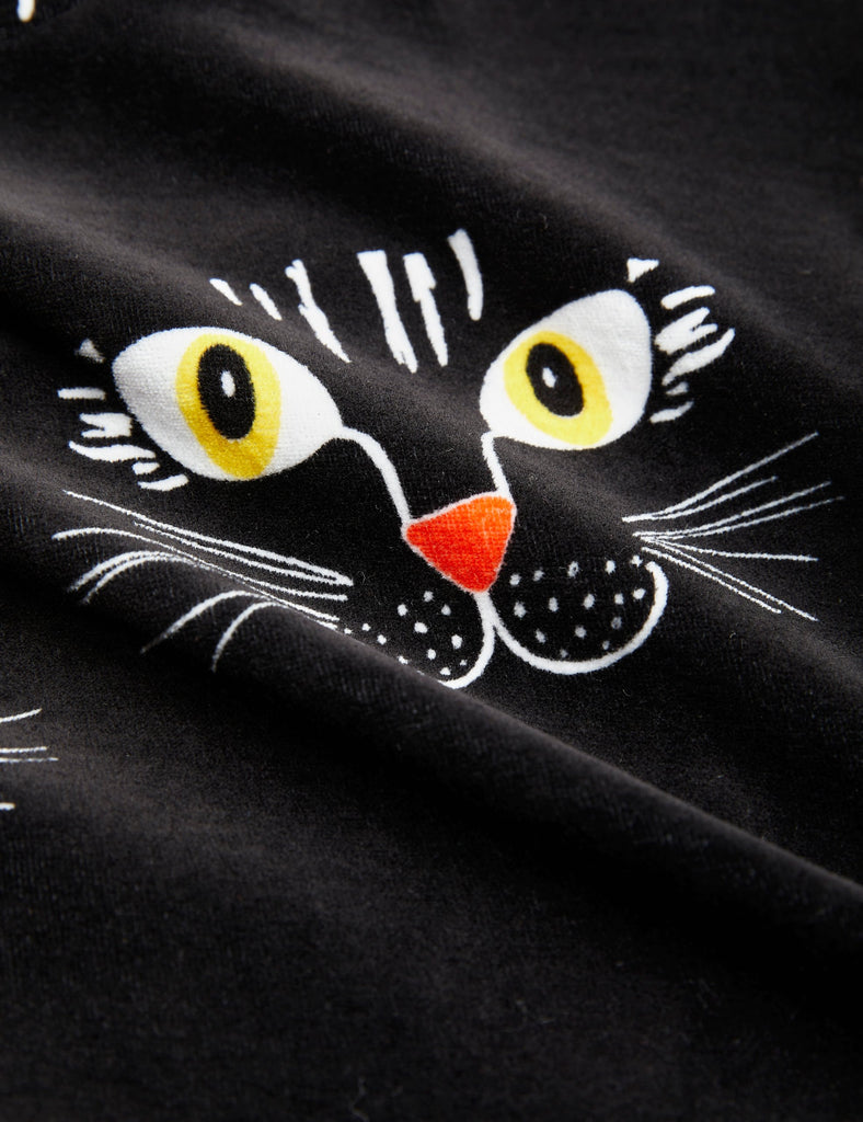 Mini Rodini Cat Face Velour Pant in Black \ Elastic waist w/drawstring | Open at ankle - closeup