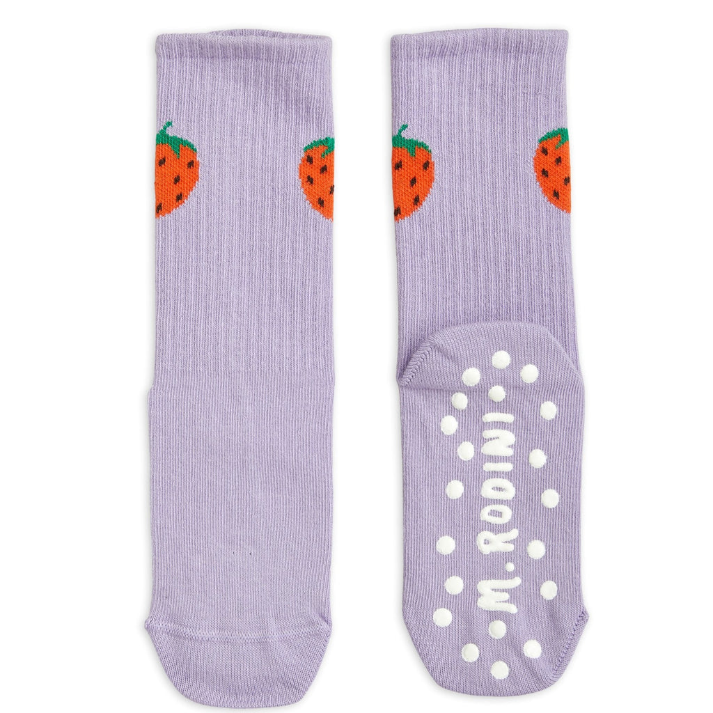 Mini rodini No-Slip Socks for Babies in Purple with Strawberry motif