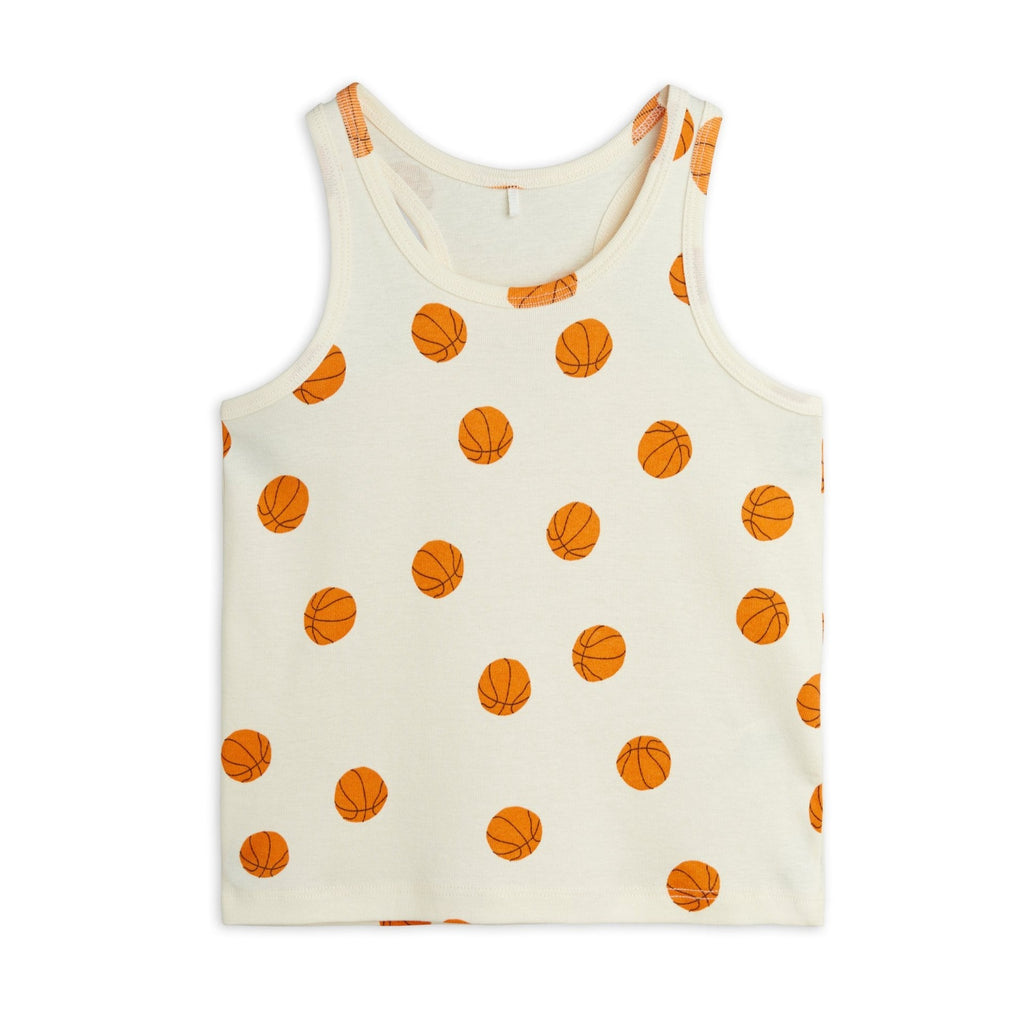 Mini Rodini Basketball Print Tank Top | 100% Organic Cotton Jersey | Racerback | White -Front
