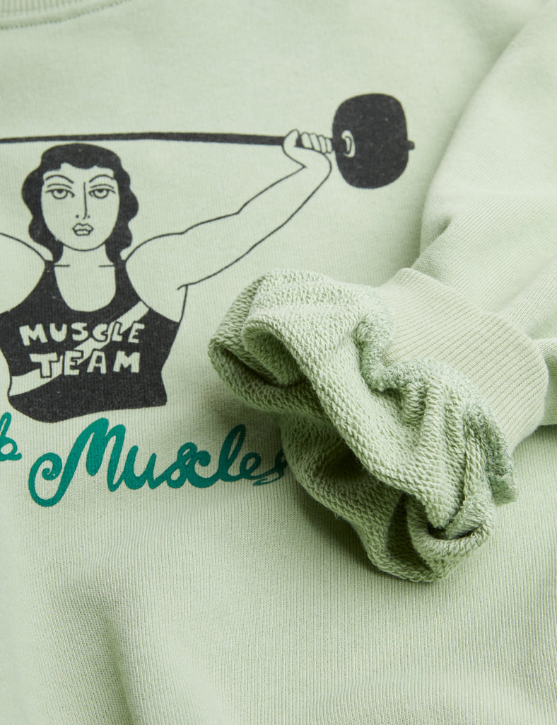 Mini Rodini Club Muscle Sweatshirt | Sage Green | Dropped Shoulder - closeup